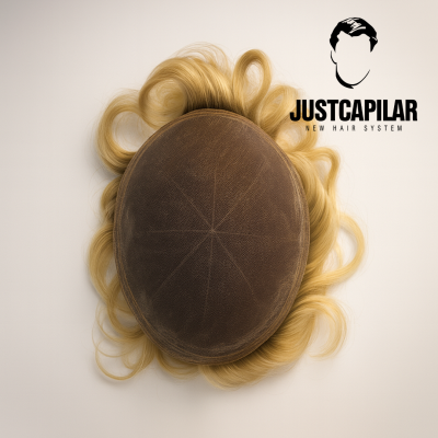 Sistema capilar com base castanha e cabelo loiro ondulado, texto JUSTCAPILAR no fundo branco