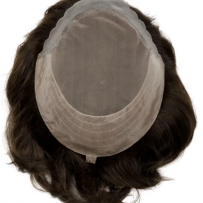 Peruca castanha escura com base em renda e pele simulada