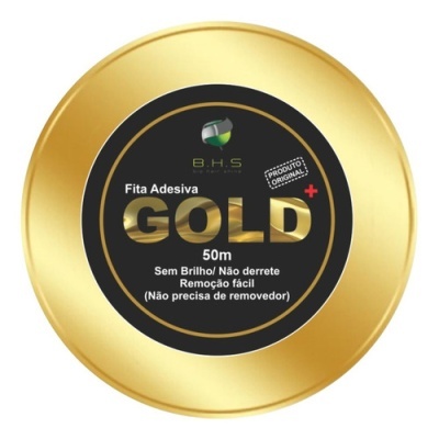Rolo de fita adesiva GOLD dourada com etiqueta preta e texto informativo.