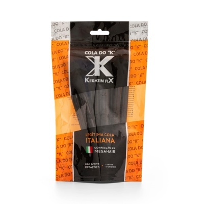 Embalagem preta e laranja de cola Keratin Fix para Megahair com 10 unidades