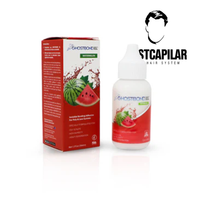 Adesivo Ghostbond XL watermelon com embalagem e caixa vermelha e branca com imagem de melancia e logo STCAPILAR HAIR SYSTEM