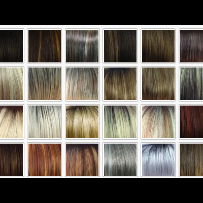 Amostras de cores de cabelo artificial em vários tons, organizadas em quadrados.