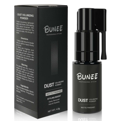 Pó volumizador Bungee DUST em embalagem e frasco pretos com texto branco
