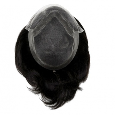 Peruca escura com base de rede translúcida vista de cima