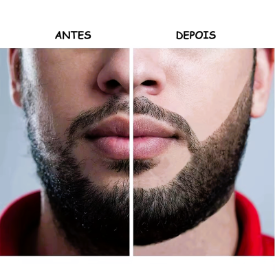 Rosto masculino dividido mostrando barba antes e depois com texto ANTES e DEPOIS