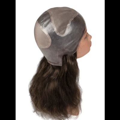 Touca para peruca cinzenta em manequim com cabelo comprido castanho