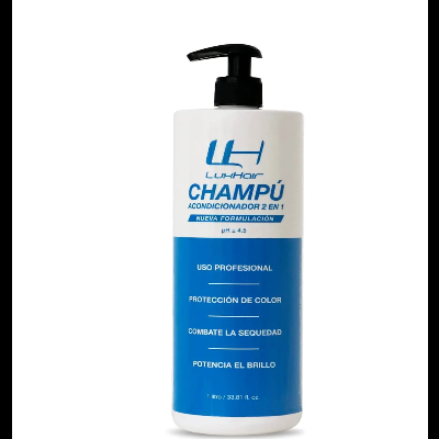 Frasco branco de champô e acondicionador 2 em 1 com tampa de bomba preta e rótulo azul e branco.