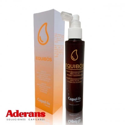 Frasco e caixa do produto cosmético EQUIBÓS com logótipo de gota e embalagem branca e laranja