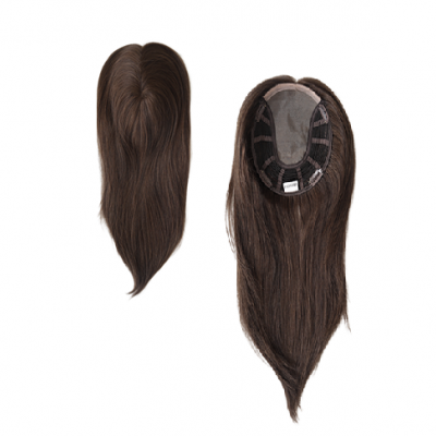 Peruca castanha longa com textura lisa vista de cima e interior