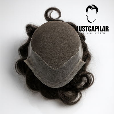 Sistema capilar JustCapilar com base em malha castanha e cabelo ondulado preto