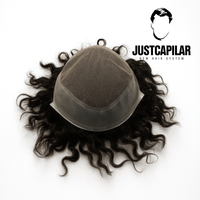 Peruca com base de malha castanha e cabelo ondulado preto com texto JUSTCAPILAR