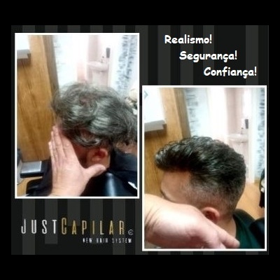 Antes e depois de tratamento capilar com texto promocional e logo JUSTCAPILAR.