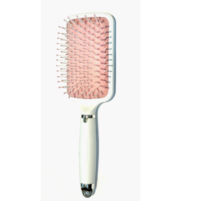 Escova de cabelo retangular rosa e branca com cerdas cor-de-rosa