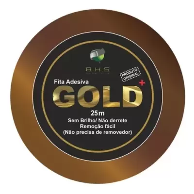 Rolo de fita adesiva dourada GOLD B.H.S com texto na embalagem
