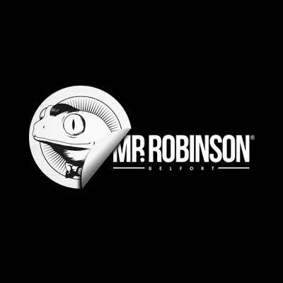 Logótipo preto e branco com camaleão e texto MR. ROBINSON BELFORT