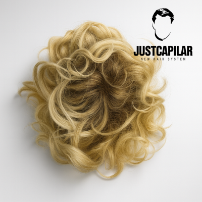 Extensão de cabelo loiro ondulado com logotipo Justcapilar