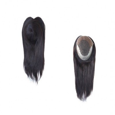 Duas próteses capilares de cabelo preto liso, vistas de cima e de baixo em fundo branco.