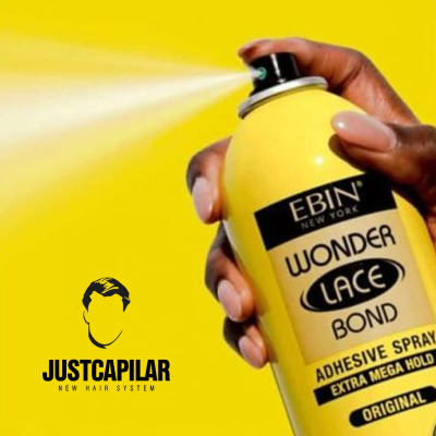 Spray adesivo EBIN Wonder Lace Bond amarelo a ser usado.