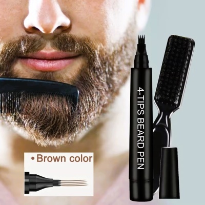 Caneta para barba preta de 4 pontas e escova preta ao lado de homem com barba castanha.