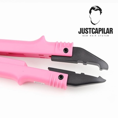 Ferramenta de corte cor-de-rosa e preta com logótipo JUSTCAPILAR