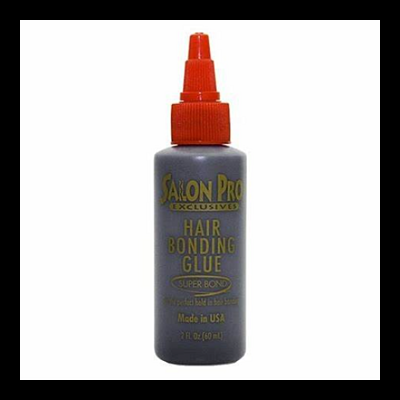 Frasco cinzento de cola para cabelo com tampa vermelha e texto dourado