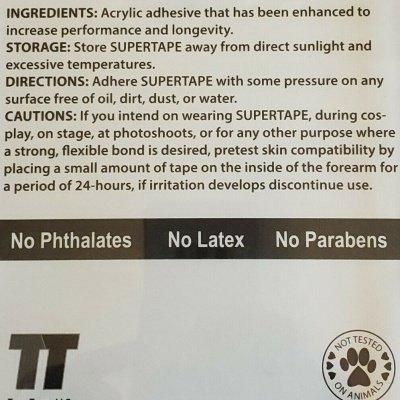 Embalagem de fita adesiva SUpertape com instruções e selo de não testado em animais.