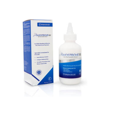Cola adesiva GhostBond XL em frasco branco com rótulo azul ao lado da caixa do produto