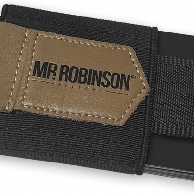 Carteira porta-cartões preta e castanha com texto MR. ROBINSON