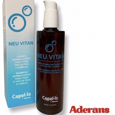 Frasco e caixa do champô NEU VITAN da Capel·lo, com doseador.