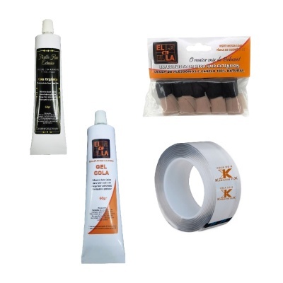Produtos para extensão capilar incluindo tubos de cola, unidades pequenas num pacote e rolo de fita adesiva