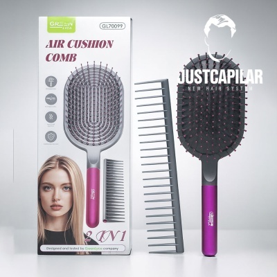 Pente Air Cushion Comb preto e roxo com pente cinza e embalagem