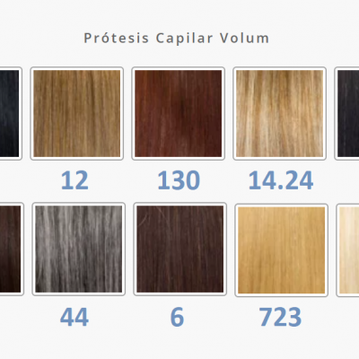 Tabela de cores para próteses capilares com números e várias tonalidades de cabelo