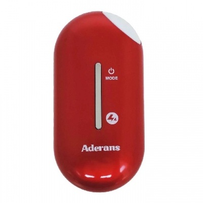 Dispositivo eletrônico vermelho com botão MODE e texto Aderans