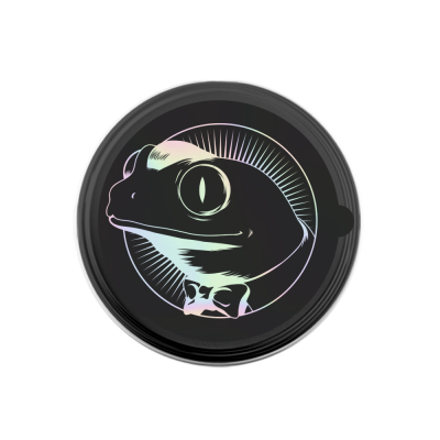 Selo redondo preto com ilustração estilizada de sapo e laço