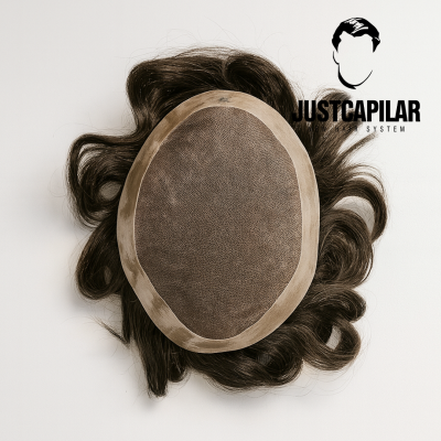Peruca castanha com base oval e cabelo ondulado