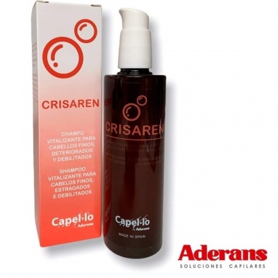 Frasco de champô Crisaren com caixa ao lado e fundo branco com logotipo Aderans