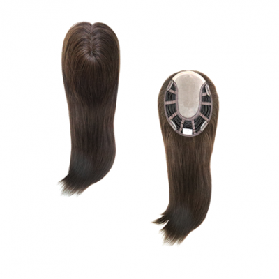 Peruca sintética castanha com cabelo liso vista de frente e de trás com base interior visível