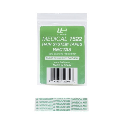 Embalagem de fitas adesivas para cabelo com texto verde e branco