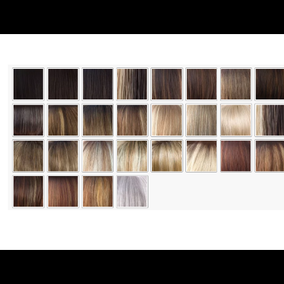 Tabela de amostras de cores de cabelo em vários tons castanhos e loiros.