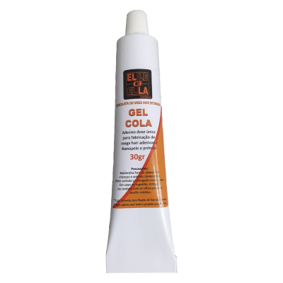 Tubo branco de gel cola ELLE E BELLA com etiqueta laranja e preta