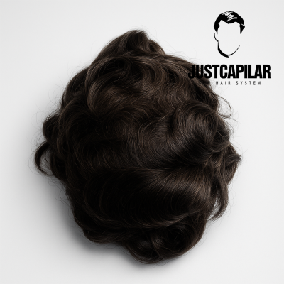 Peruca ou aplique de cabelo escuro ondulado com logotipo JUSTCAPILAR