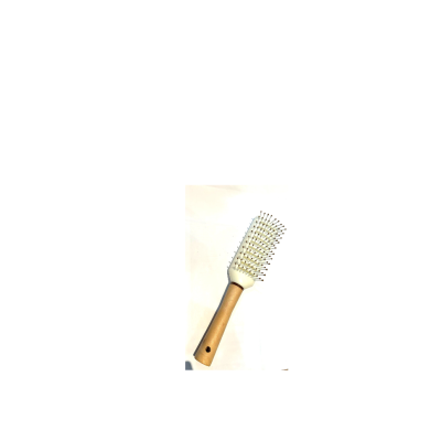 Escova de cabelo com cabo de madeira e base branca.