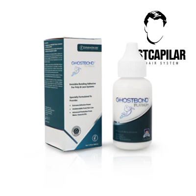 Frasco e caixa do adesivo líquido GHOSTBOND PLATINUM com design azul e branco