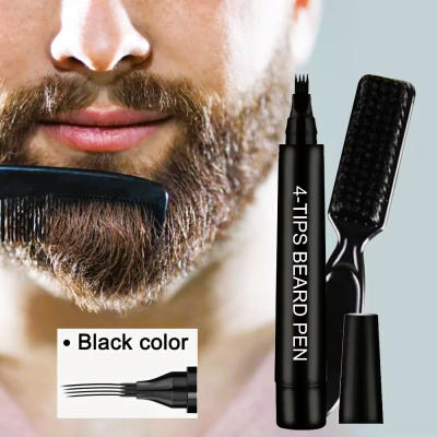 HOMEM COM BARBA A SER PENTEADA E CANETA PARA BARBA PRETA COM 4 PONTAS