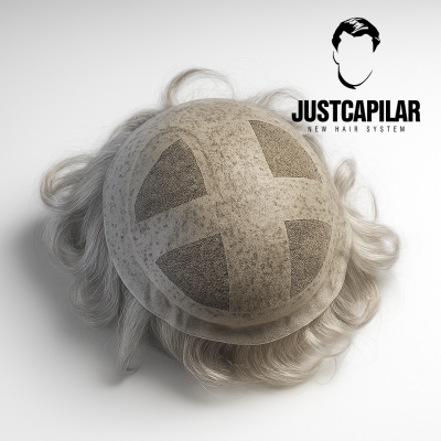 Sistema capilar JustCapilar com cabelo loiro-esbranquiçado e base de tecido bege