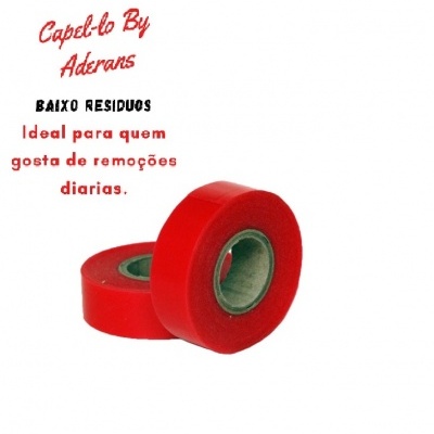 Duas fitas adesivas vermelhas com texto promocional em português