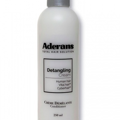 Frasco branco de creme desembaraçante Aderans com tampa cinza