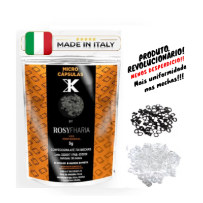 Embalagem de micro cápsulas para cabelo preta e laranja com texto promocional ao lado