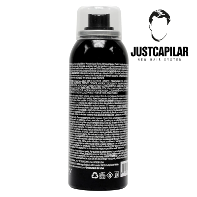 Frasco de spray adesivo para cabelo preto com tampa transparente e texto, logotipo JUST CAPILAR ao lado