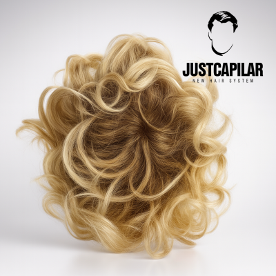Postiço capilar loiro encaracolado com raízes castanhas e logo JUSTCAPILAR